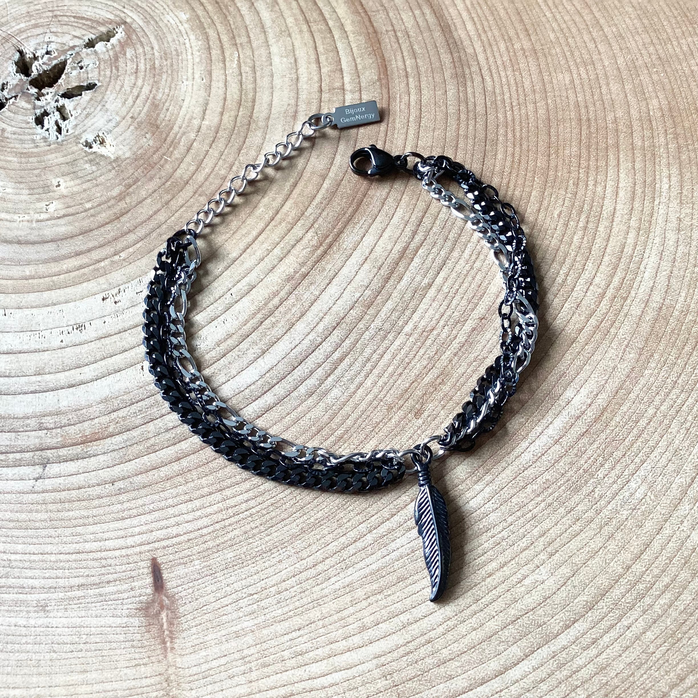 Multi-row bracelet in silver and black stainless steel