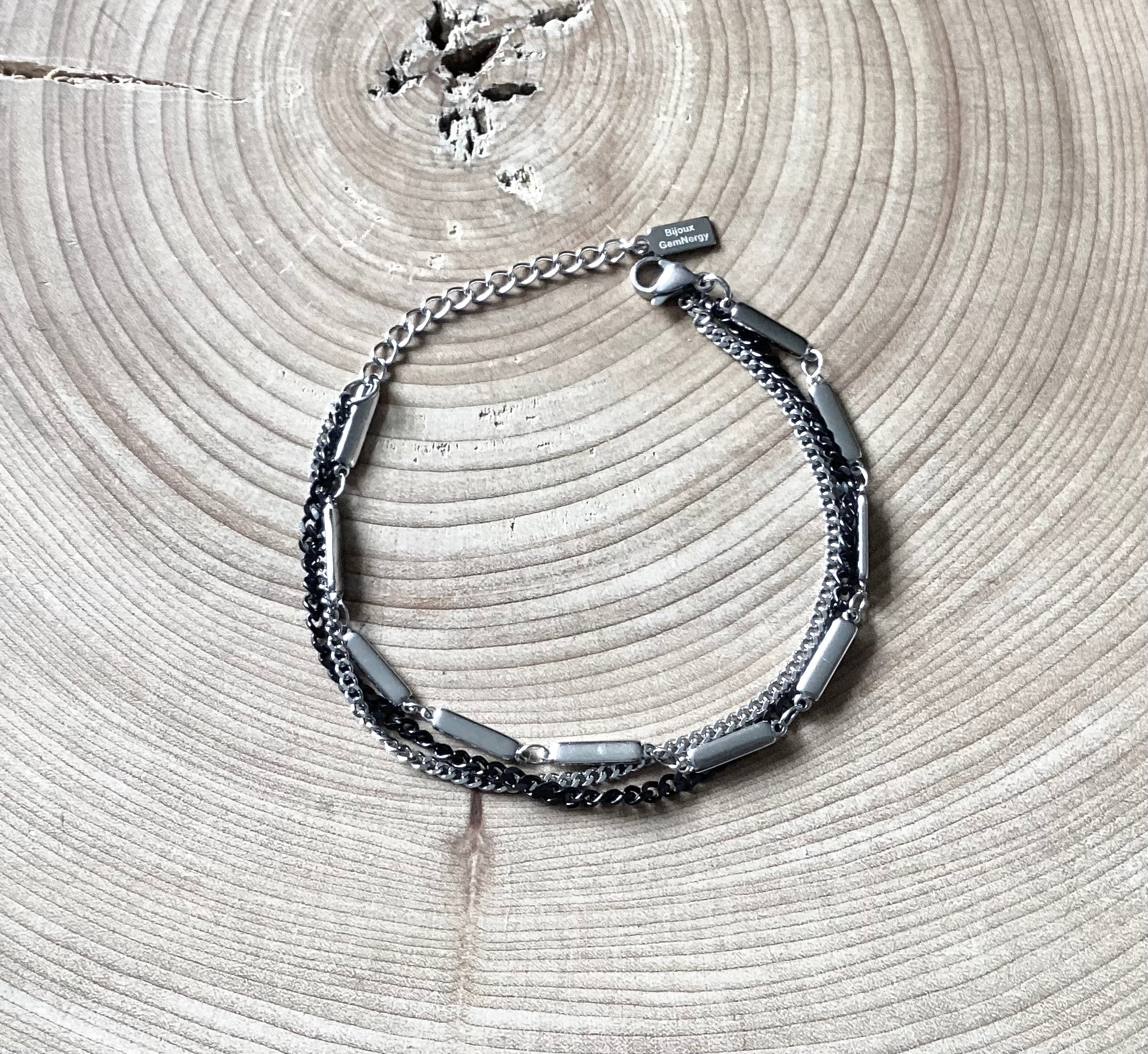 Multi-row bracelet in silver and black stainless steel