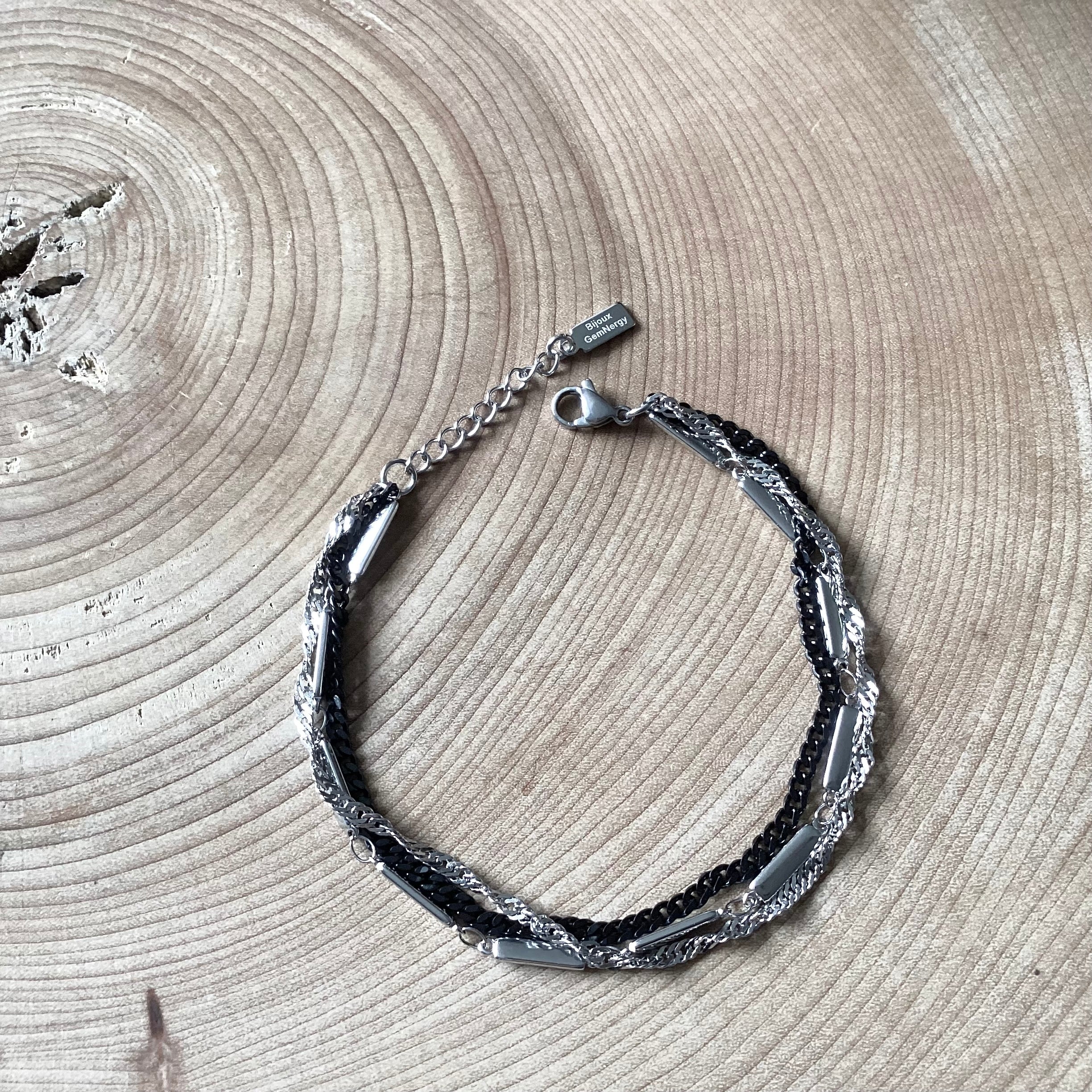 Multi-row bracelet in silver and black stainless steel