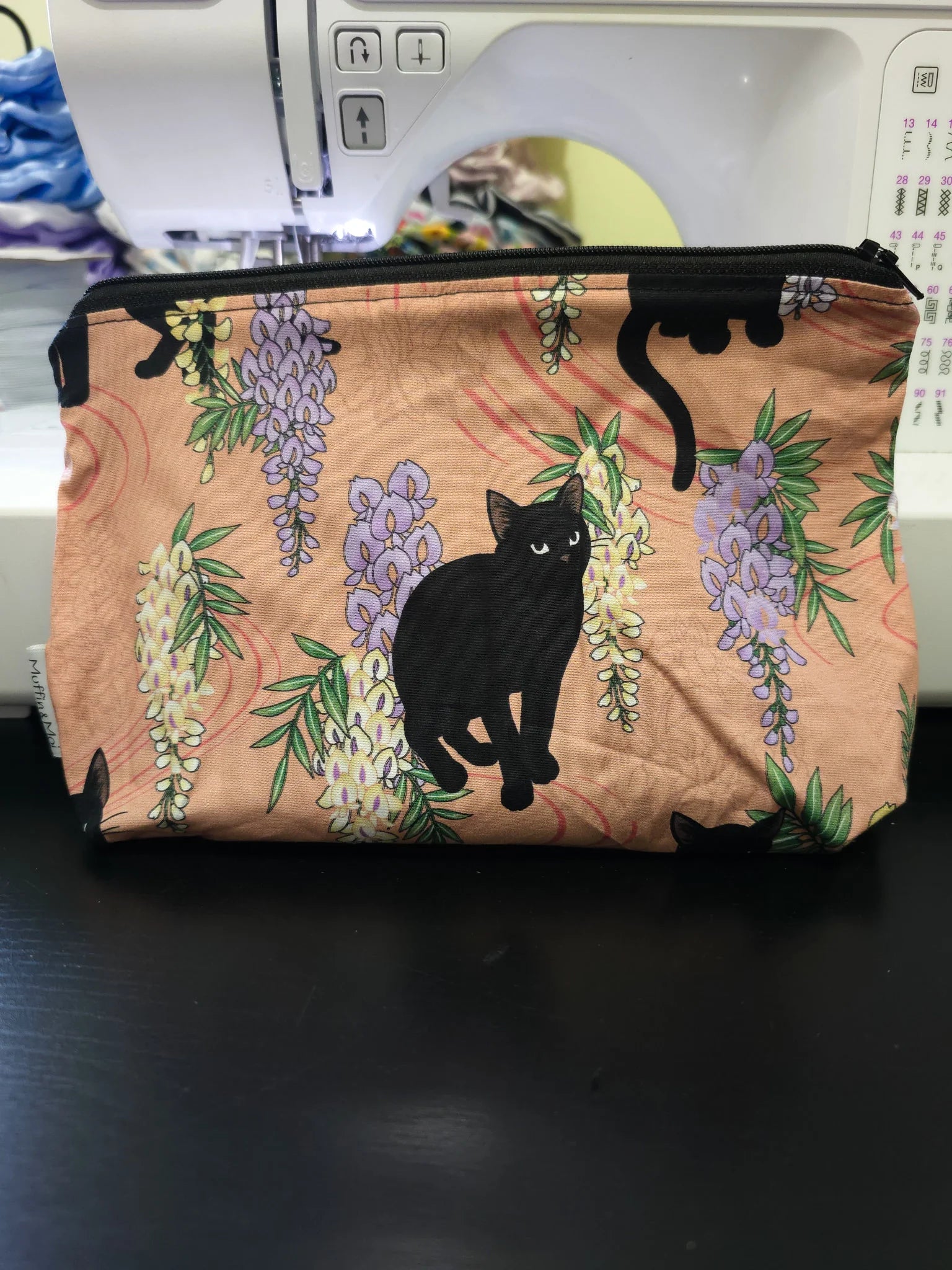Black cat pouch on coral background