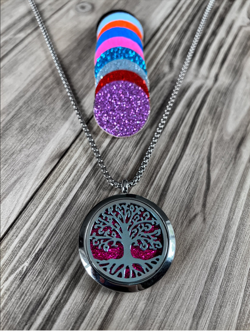Tree of life stainless steel diffuser necklace.