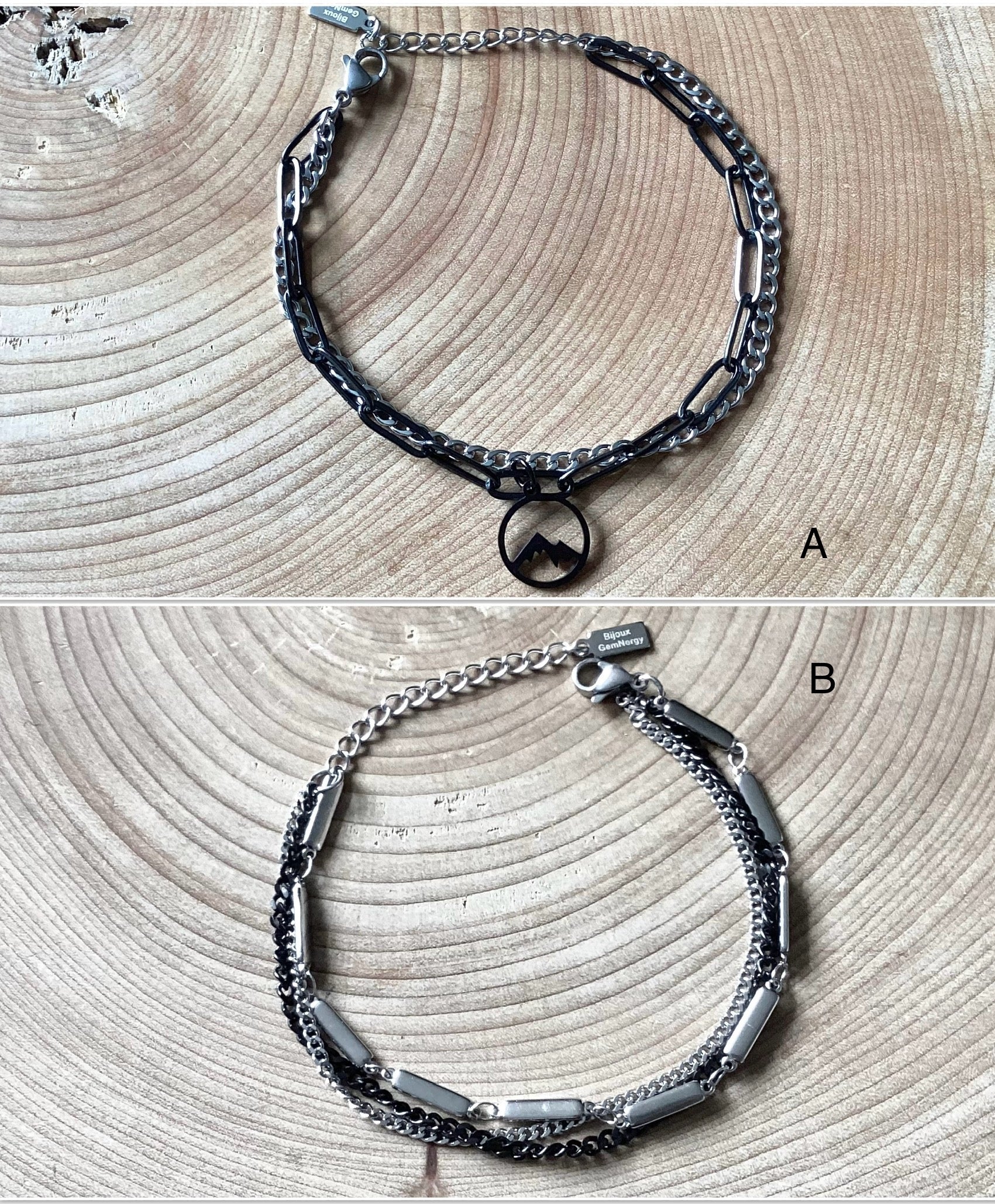Multi-row bracelet in silver and black stainless steel