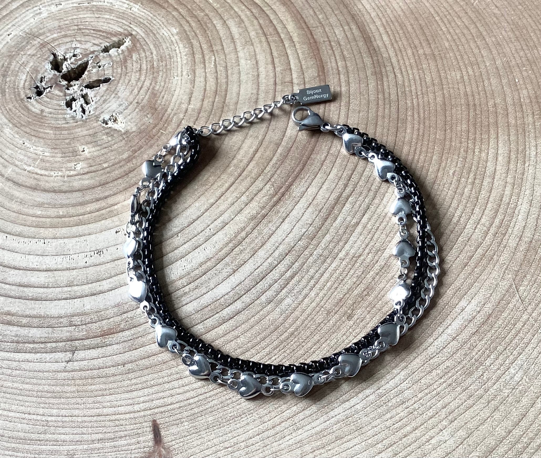 Multi-row bracelet in silver and black stainless steel