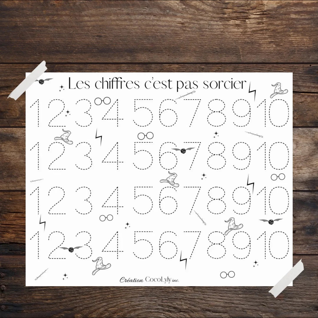 Educational and reusable erasable sheet, tracing numbers, wizard version