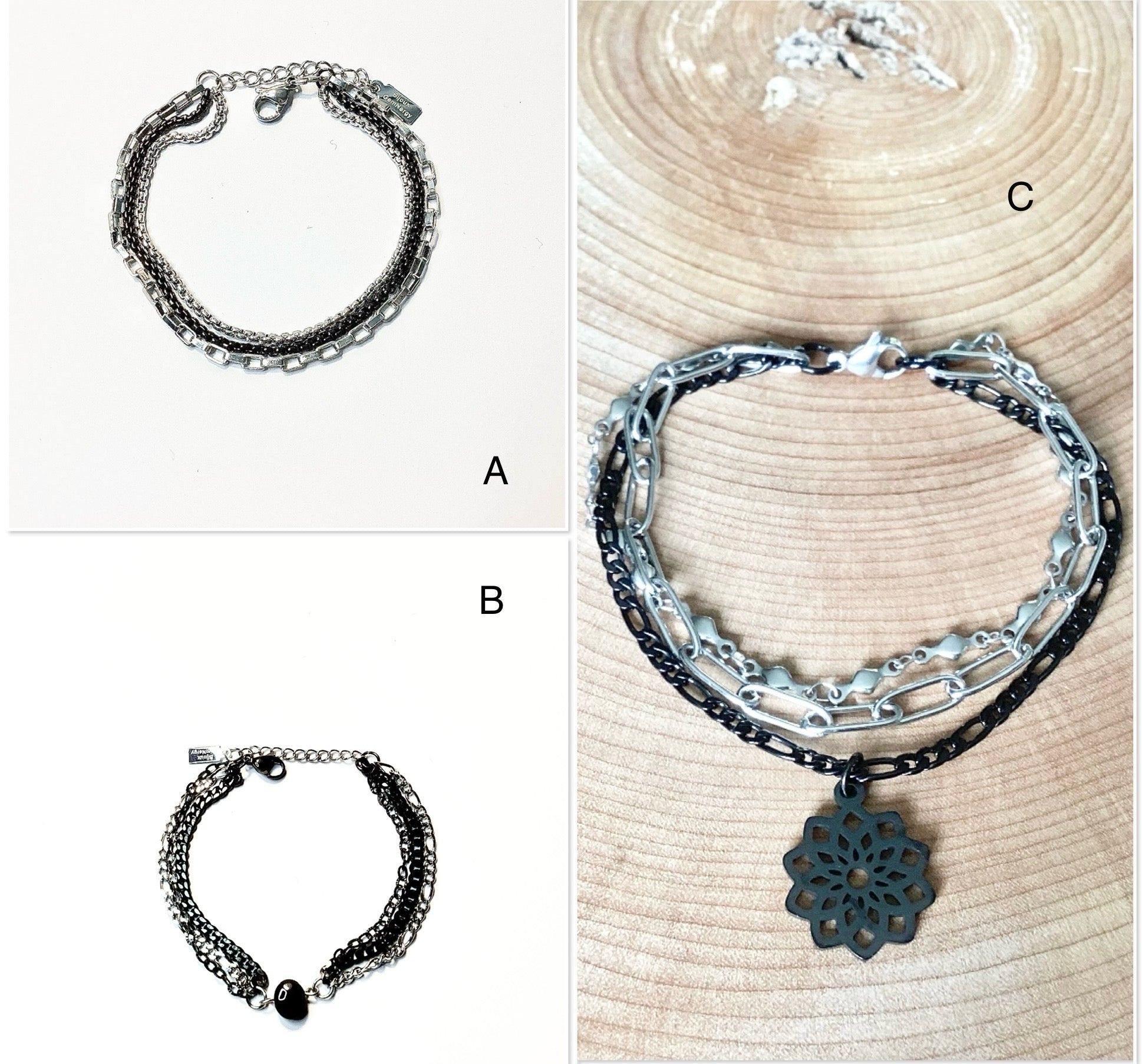 Multiple row bracelet in silver and black stainless steel