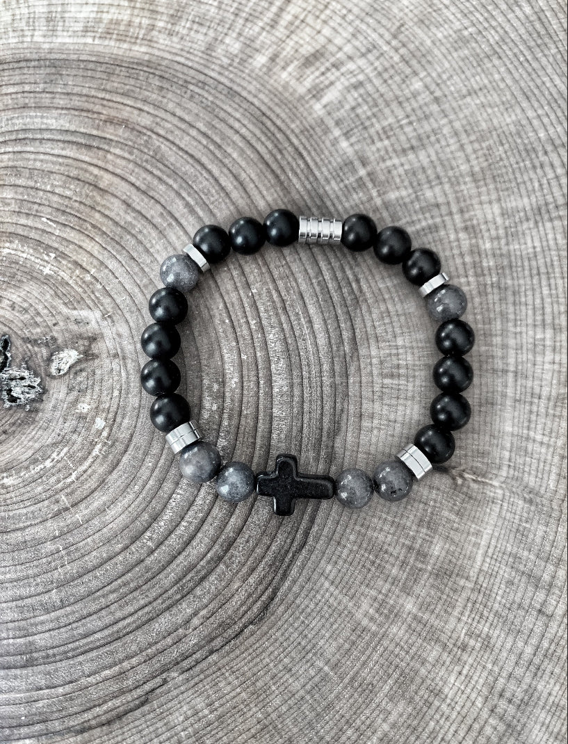 Bracelet of various stones with stainless steel trim