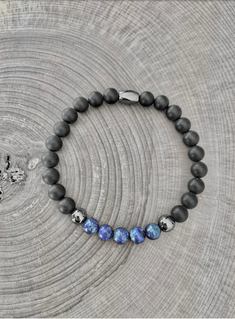 Bracelet of various stones with stainless steel trim