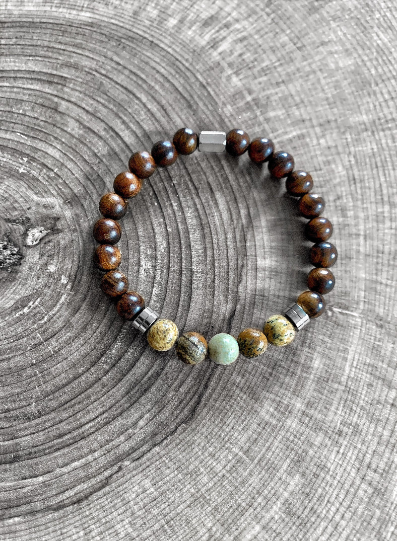 Bracelet of various stones with stainless steel trim
