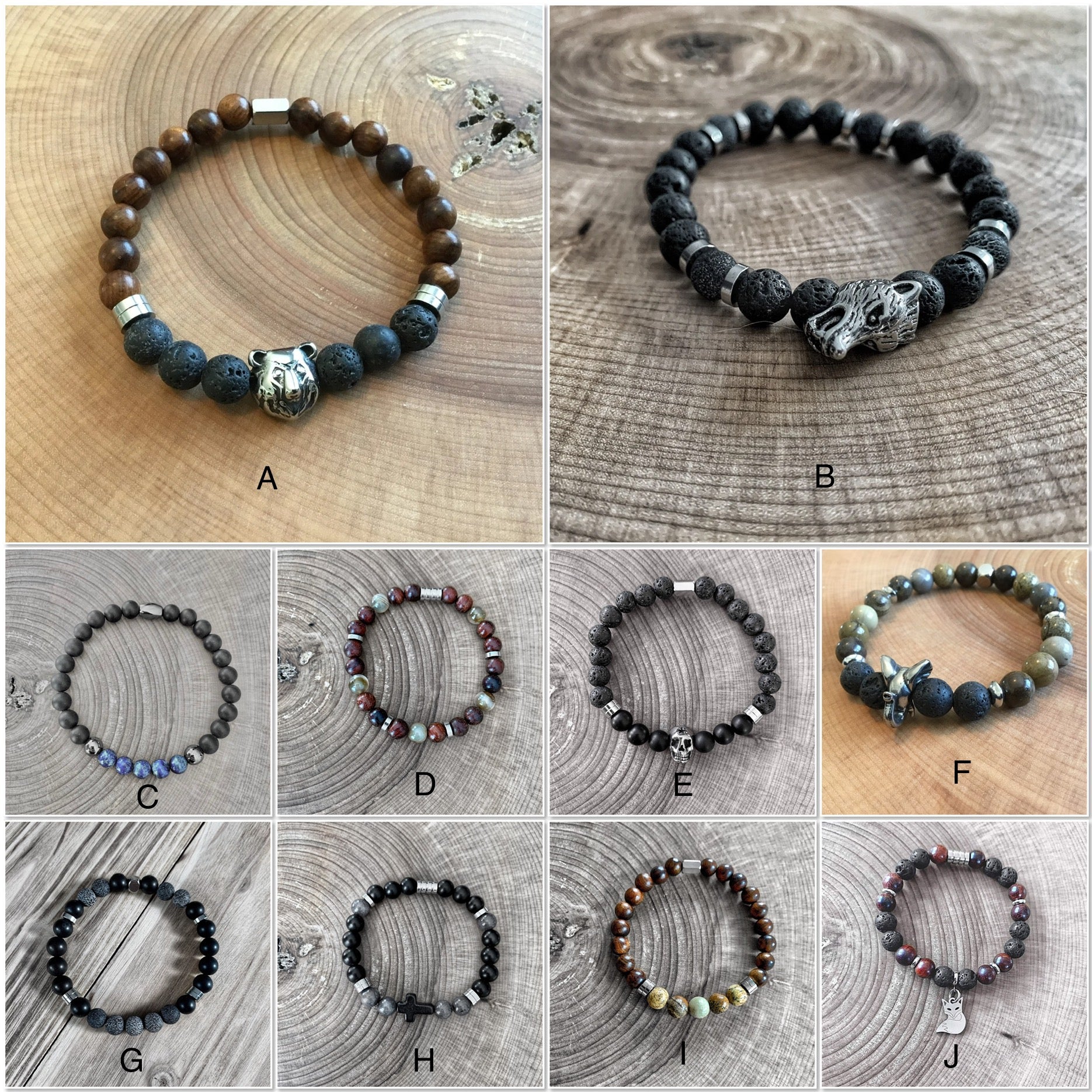 Bracelet of various stones with stainless steel trim