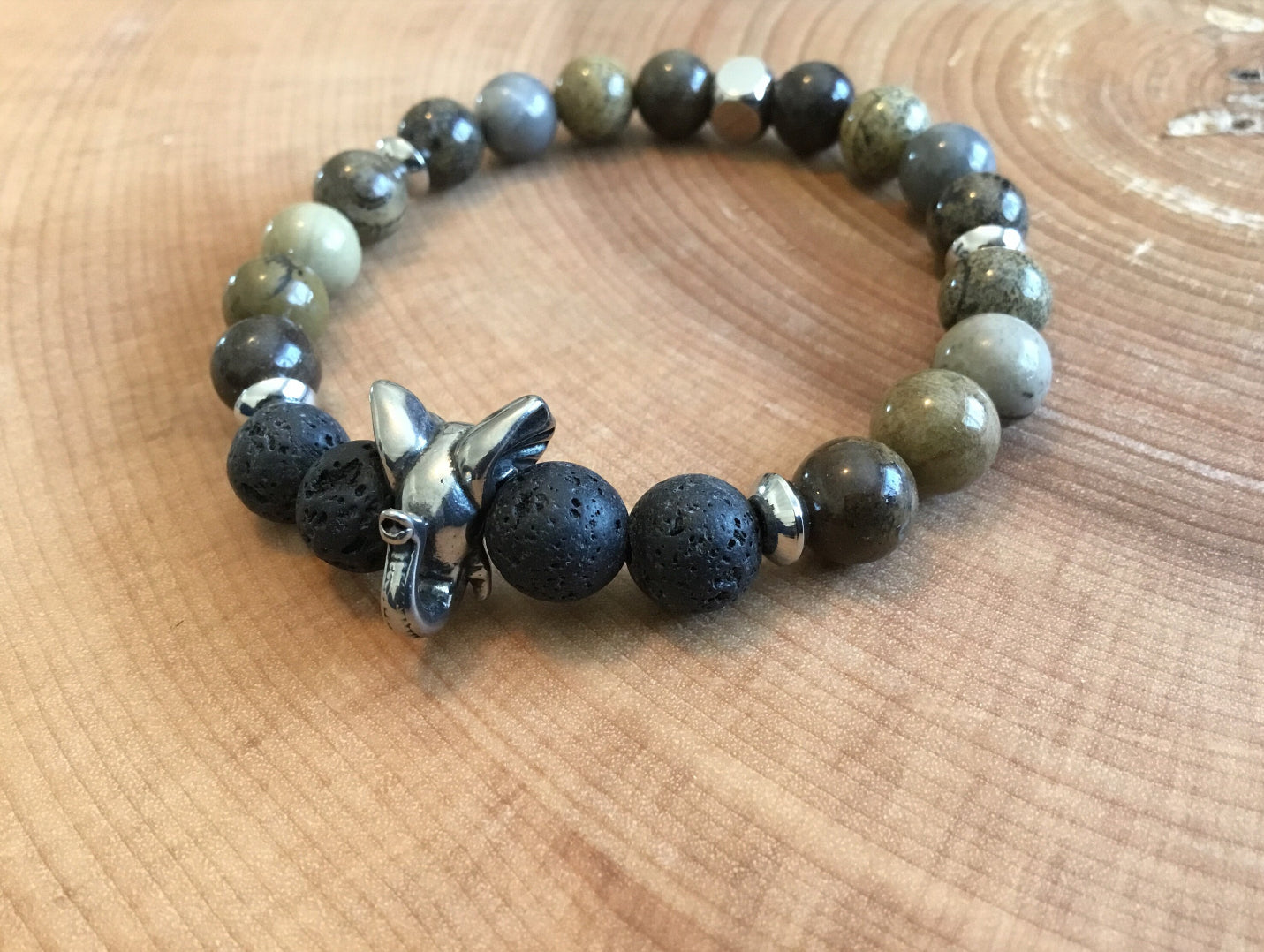 Bracelet of various stones with stainless steel trim
