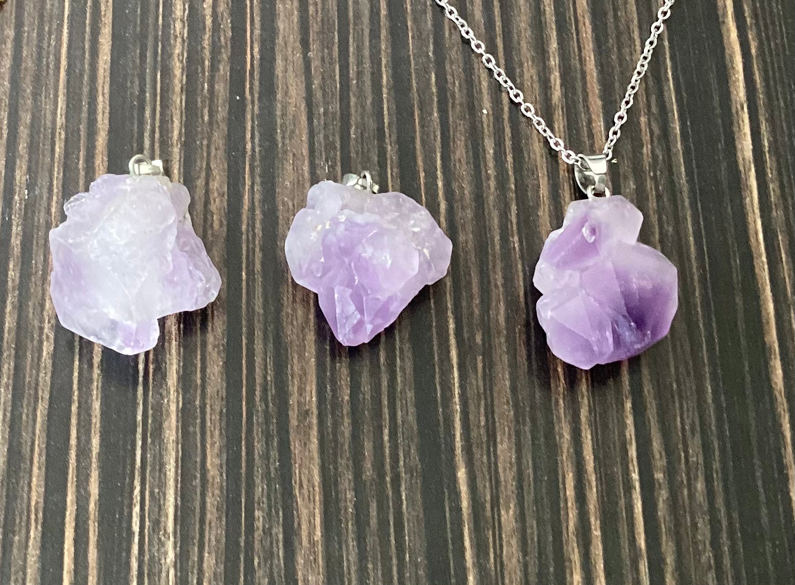 Necklace with raw Amethyst on stainless steel chain