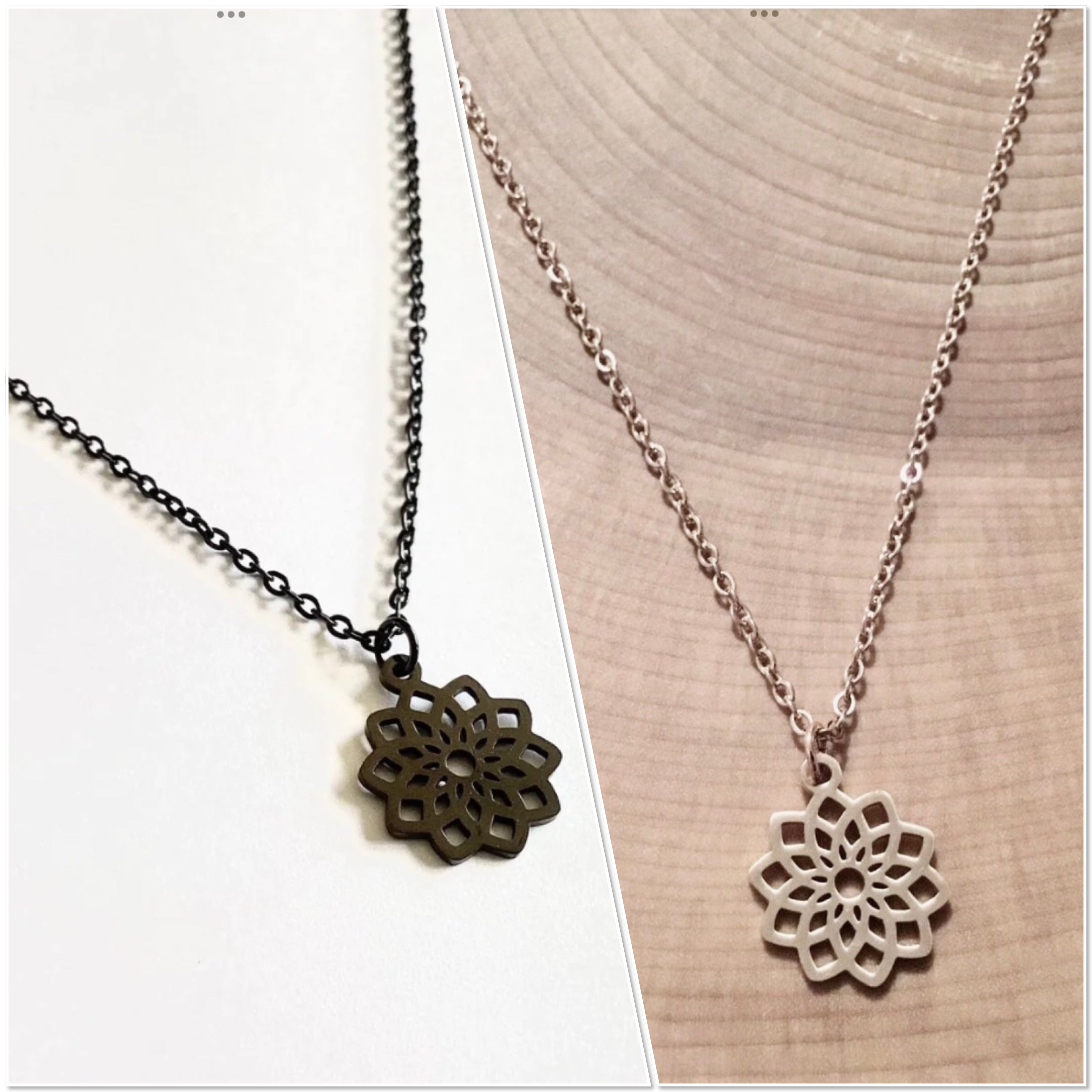 Lotus mandala necklace in stainless steel, silver, black, rose gold