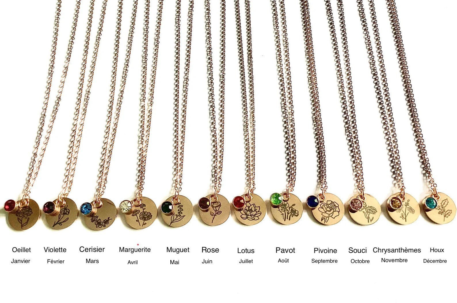 Stainless steel necklace with flowers and birthstones