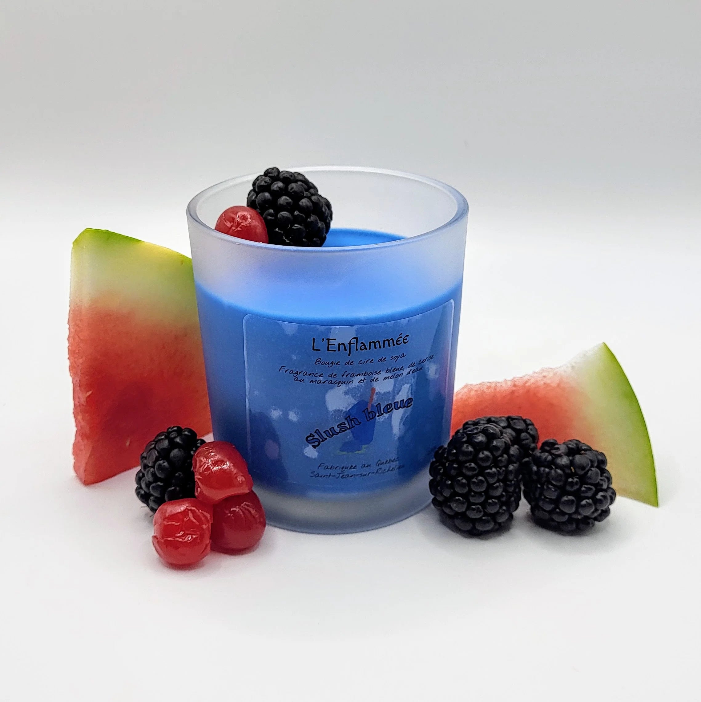 Slush bleue framboise bleue cerise au marasquin melon d'eau bougie cire de soya