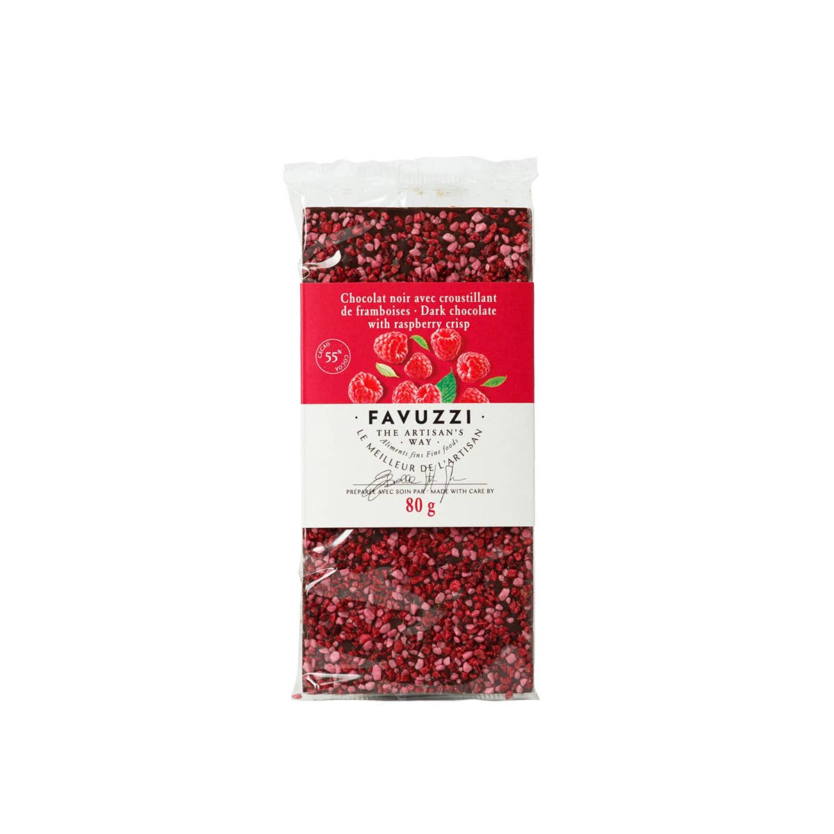 Barre chocolatée 55 % cacao et framboises favuzzi