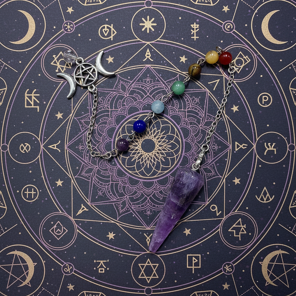 Pendule de radiestésie en amethyste avec pierres des chackras
