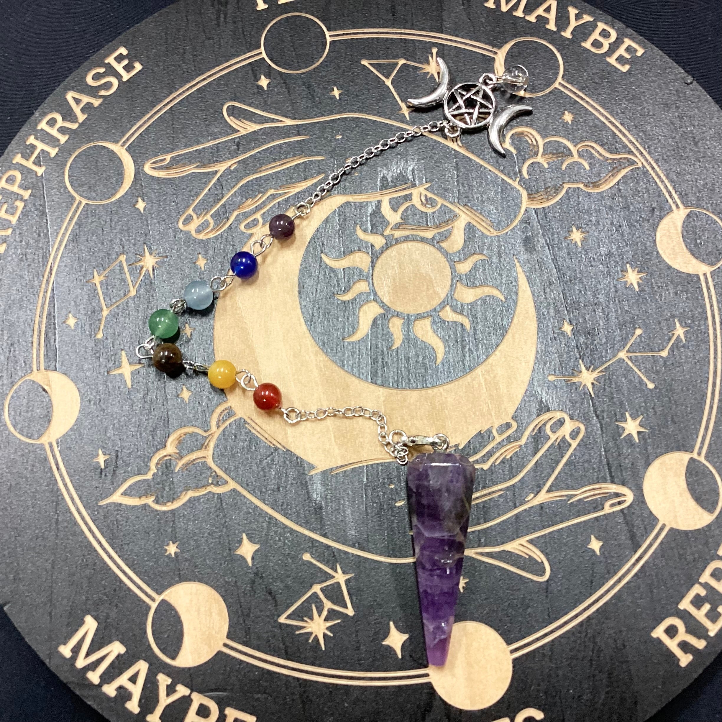 Pendule de radiestésie en amethyste avec pierres des chackras