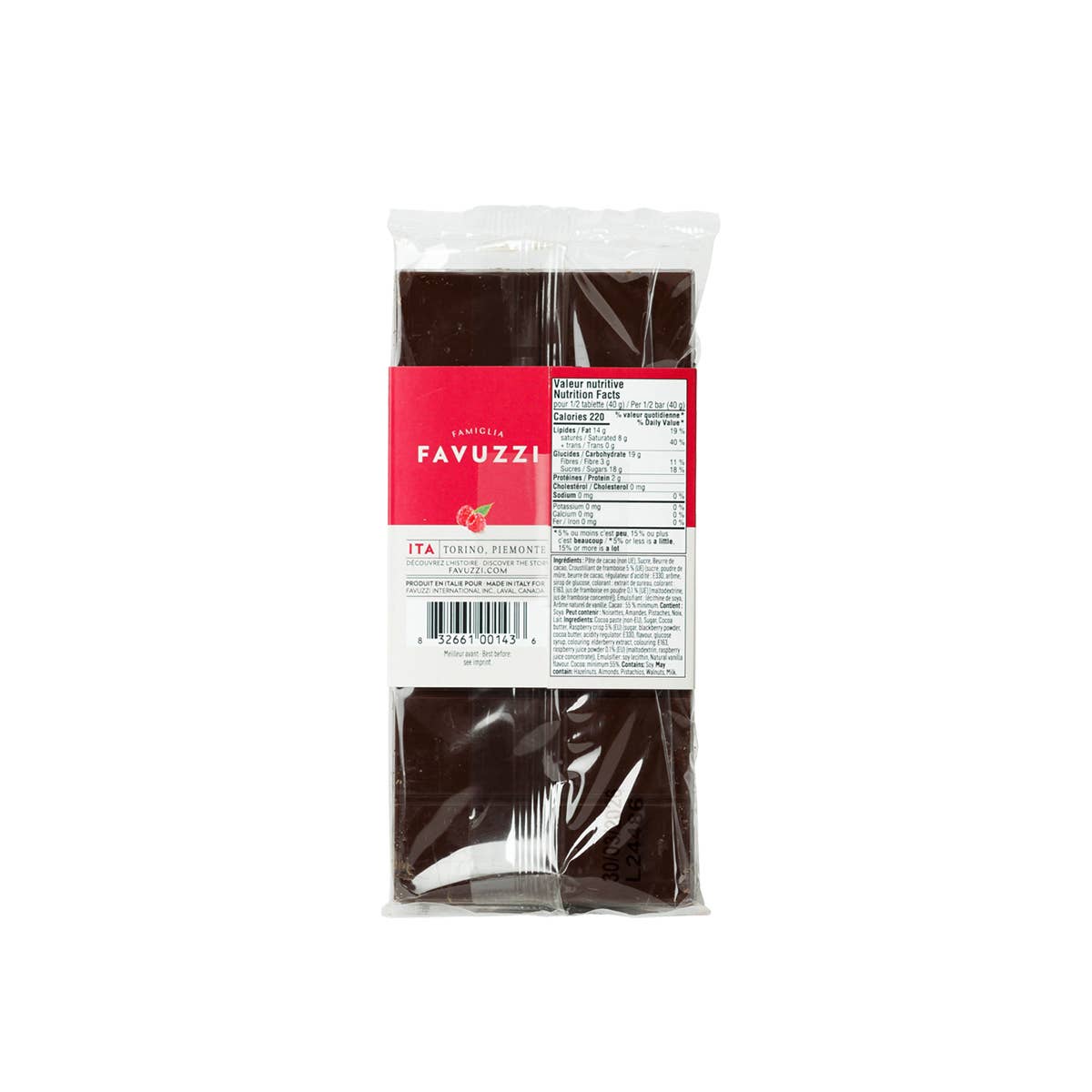 Barre chocolatée 55 % cacao et framboises favuzzi