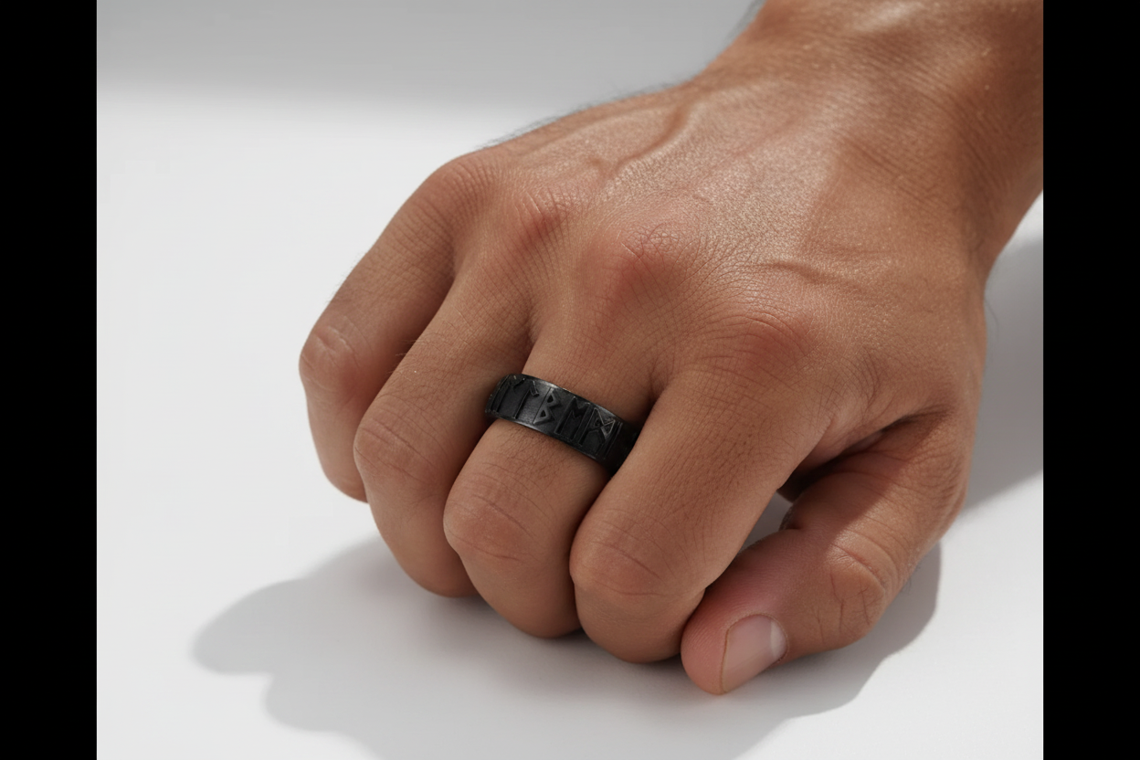 black stainless steel runes spinner ring