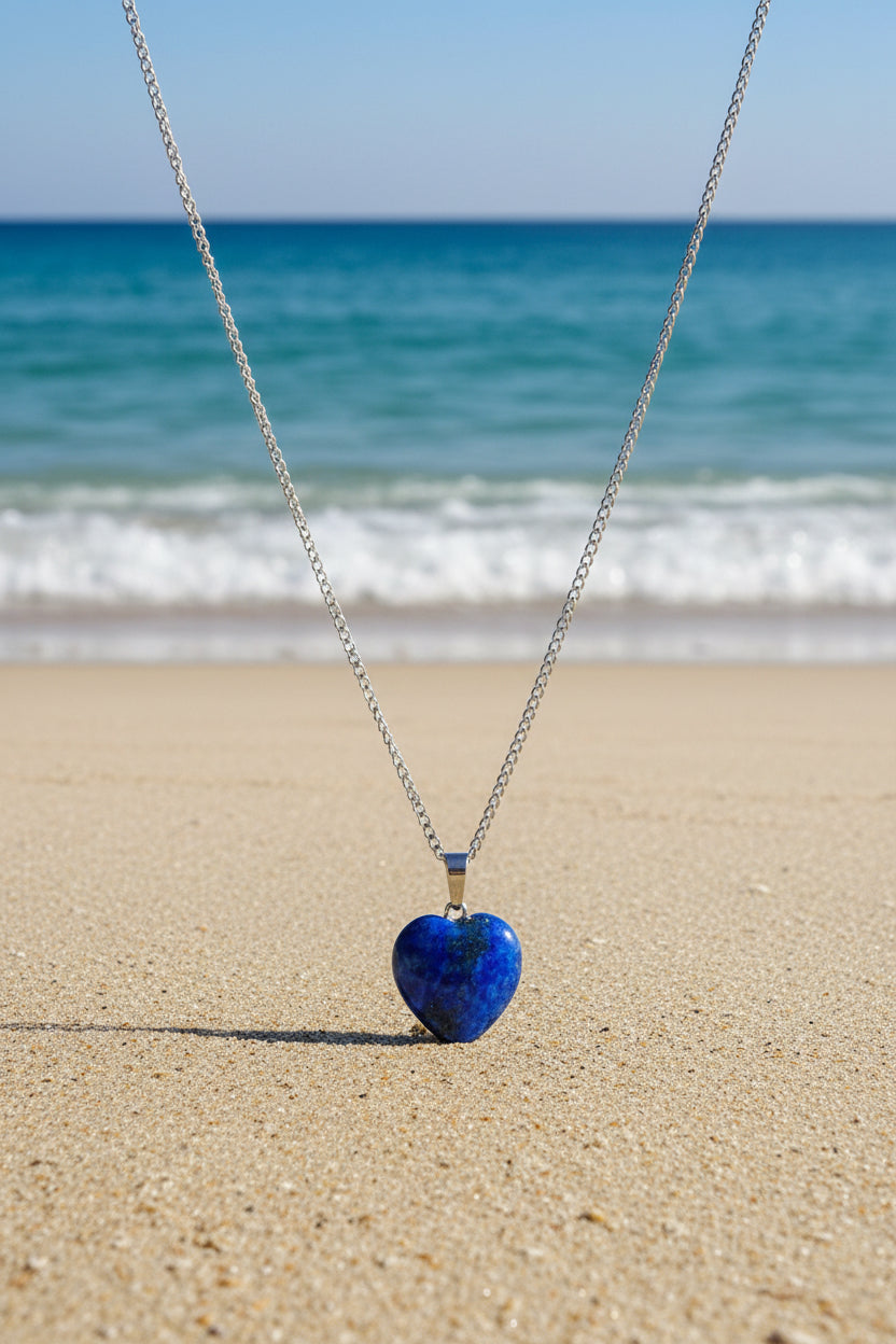 Collier en inox avec coeur en lapis lazuli