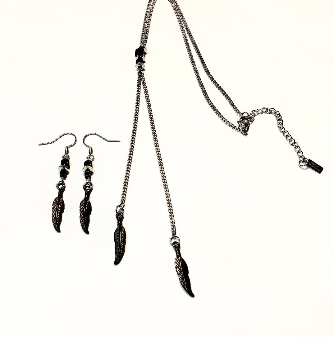 Collier ou boucles d’oreilles plume en inox argent et noir