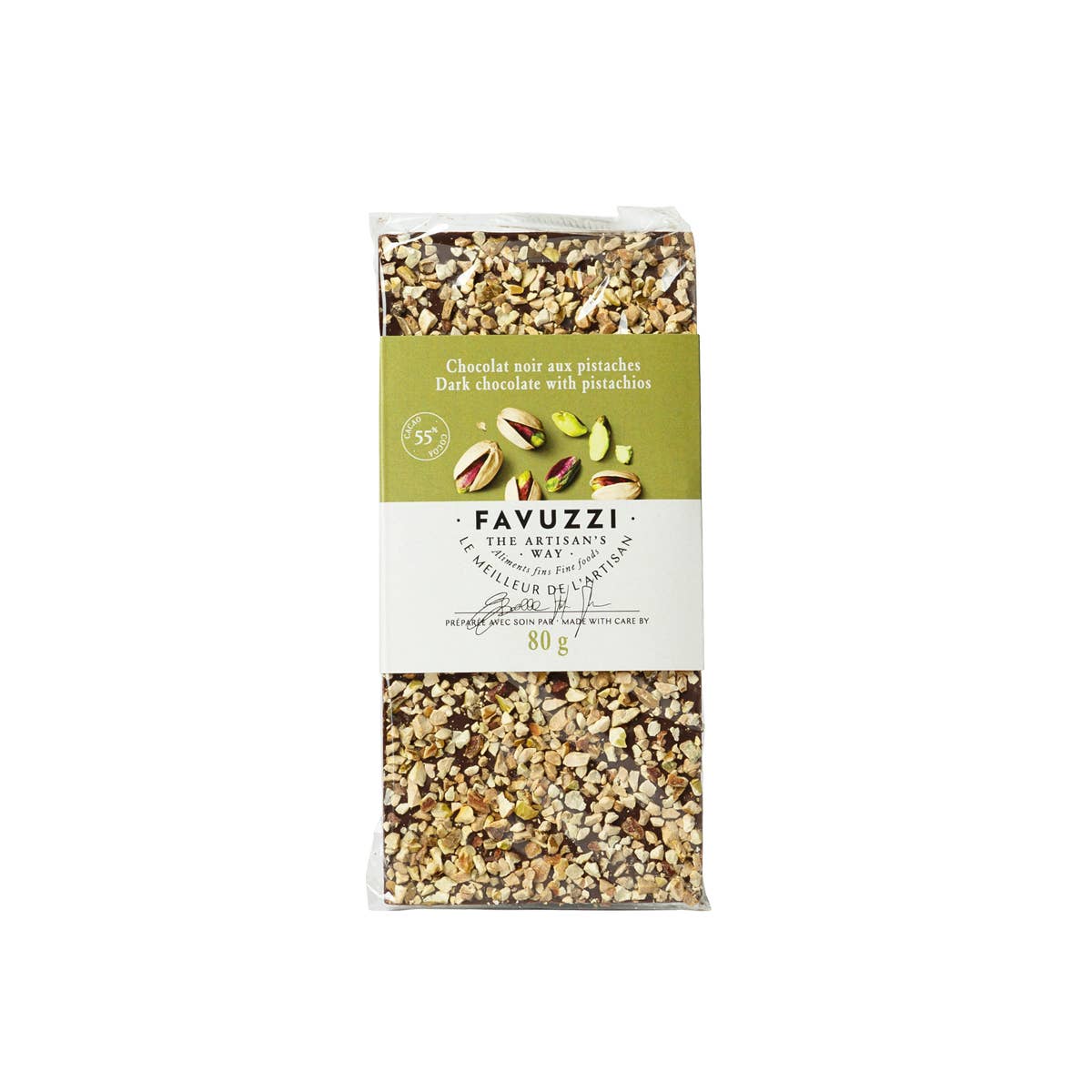 Barre chocolatée 55 % cacao et pistaches Favuzzi